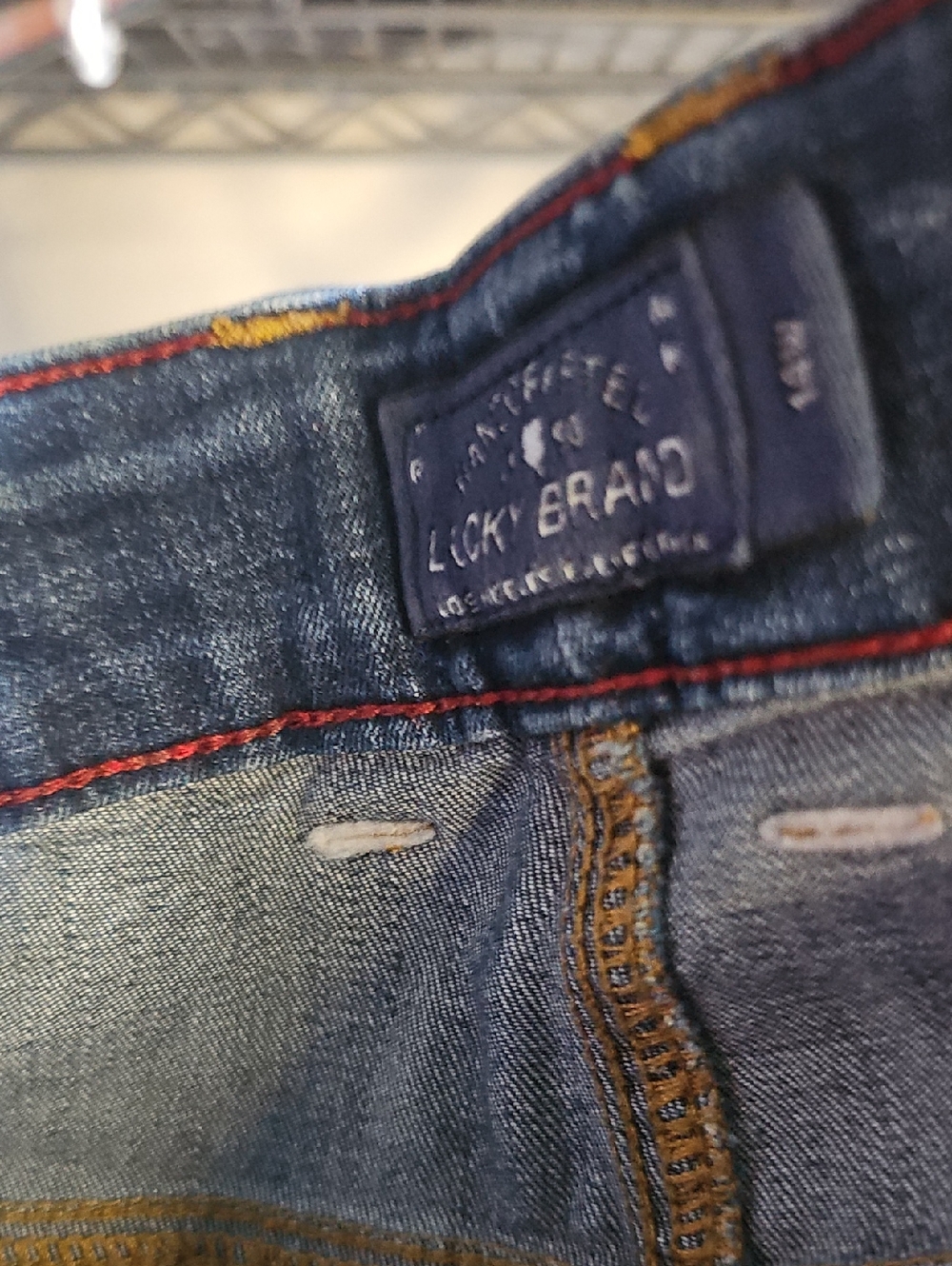 Lucky Brand Emma Straight  Blue Denim Waistband with Red Topstitching